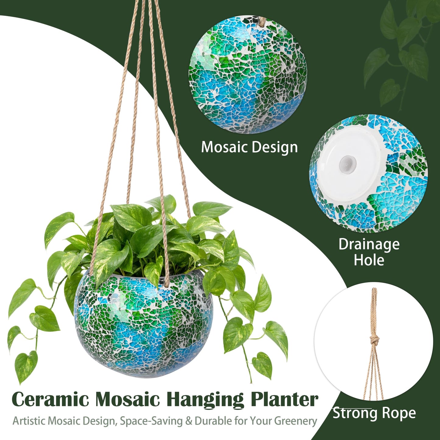 Chonsun Hanging Planter Mosaic Garden Pot Small Flower Pot for Indoor Plant Disco Ball Hanging Planter with Drainage Green