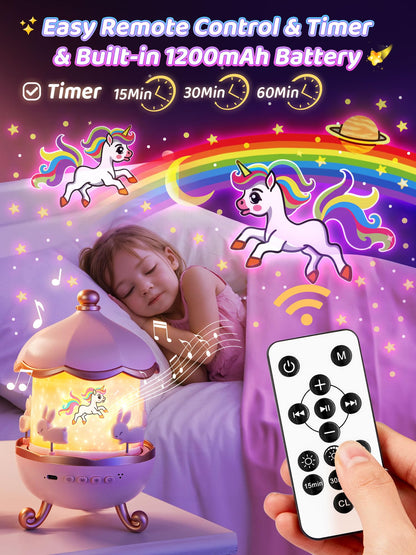 Unicorn Night Light for Kids, with 15 Films & 10 White Noises, Rechargeable 1200mAh Toddler Night Light with 360° Rotation, Remote Control Unicorn Gifts for Girls, Toys for 1 Year Old Girls