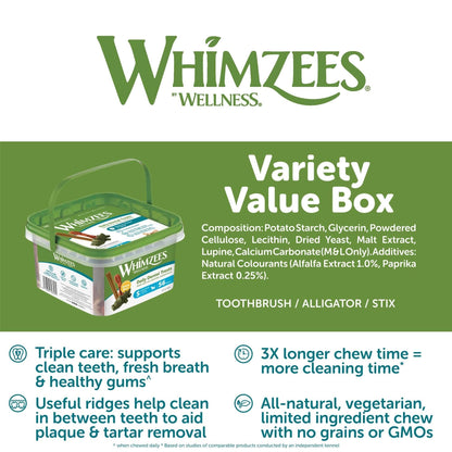 WHIMZEES By Wellness Variety Box Dental, Mixed Shapes, Size S, 56 Pieces, Natural and Grain Free Dog Chews, Dog Dental Sticks for Small Breeds, No Added Sugar