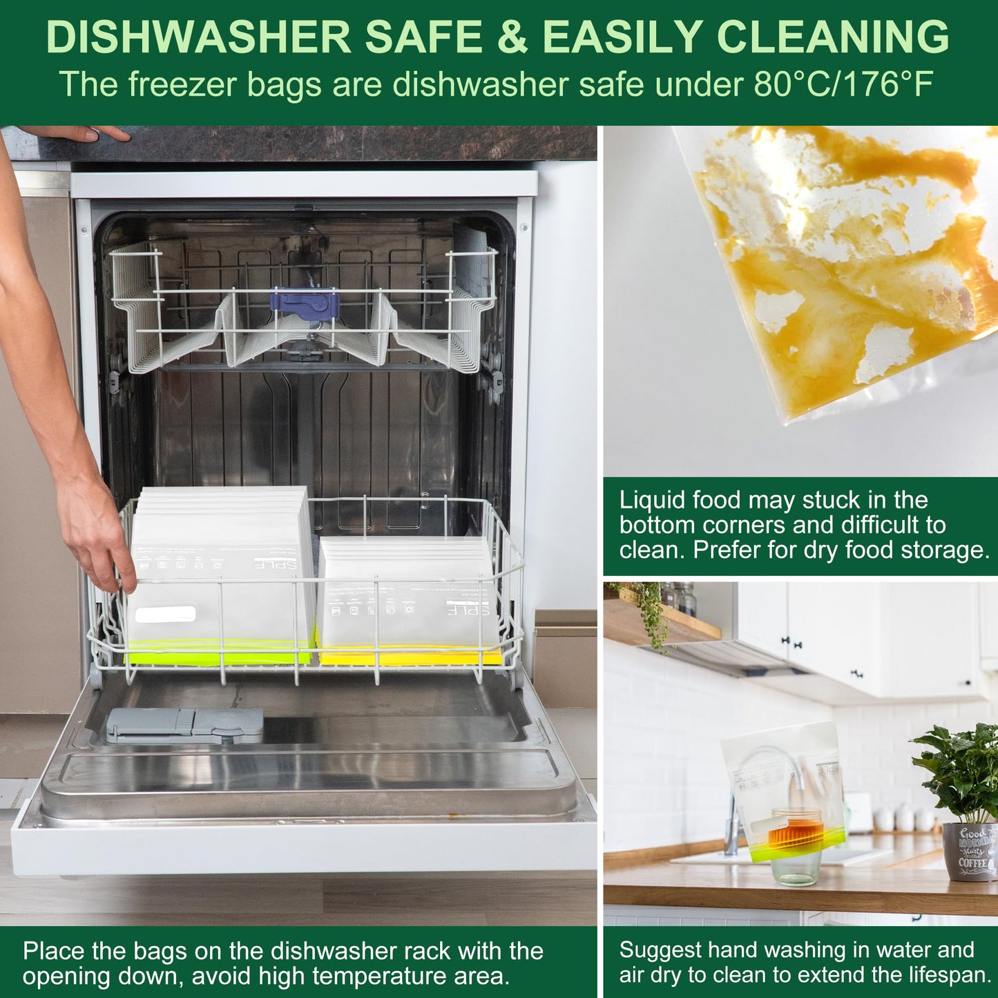 SPLF 24 Pack Reusable Food Storage Bags Dishwasher Microwave Safe, BPA Free Reusable Freezer Bags, Silicone Free Containers for Meal Prep, Fridge Kitchen Organization - 8 Gallon 8 Sandwich 8 Snack