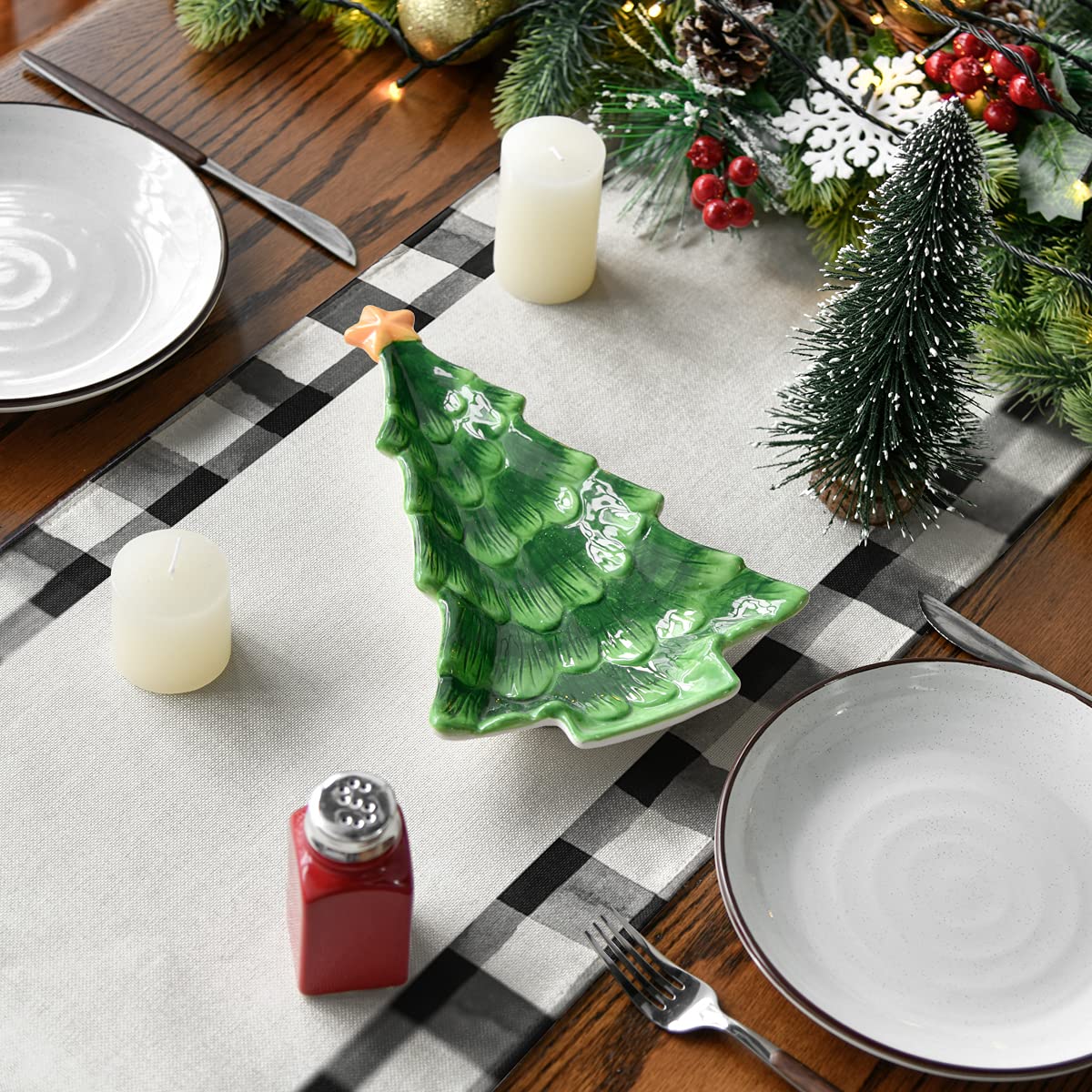 Artoid Mode Waterclor Buffalo Plaid Christmas Trees Merry Xmas Table Runner, Seasonal Winter Holiday Kitchen Dining Table Decoration for Indoor Outdoor Home Party Decor 13 x 90 Inch