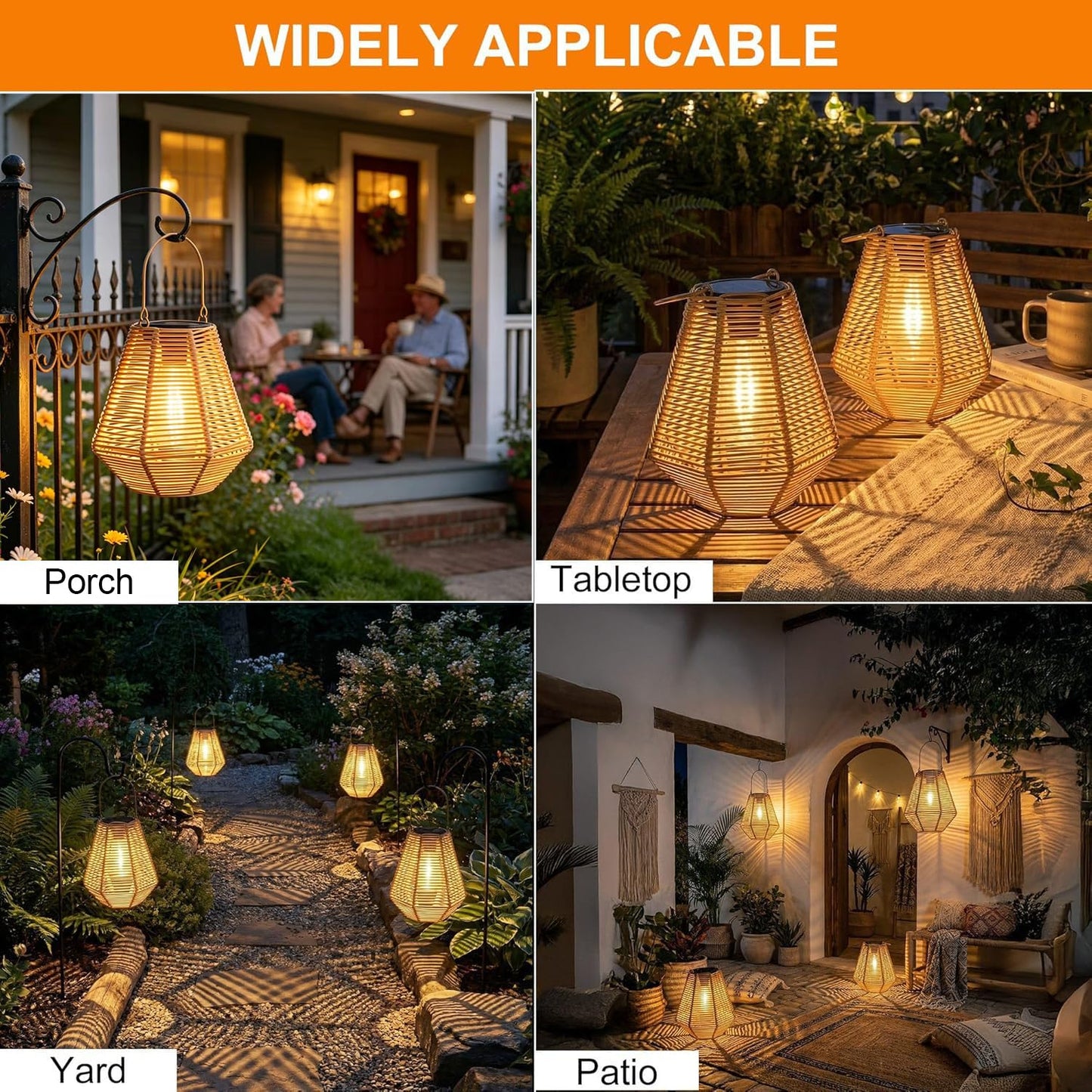 pearlstar Solar Lanterns Outdoor Waterproof 2Pack Rattan Woven Hanging/Table Solar Lights with Warm White Edison Light Bulbs for Patio Yard Garden Outside Boho Decor, Gifts for Mom Women