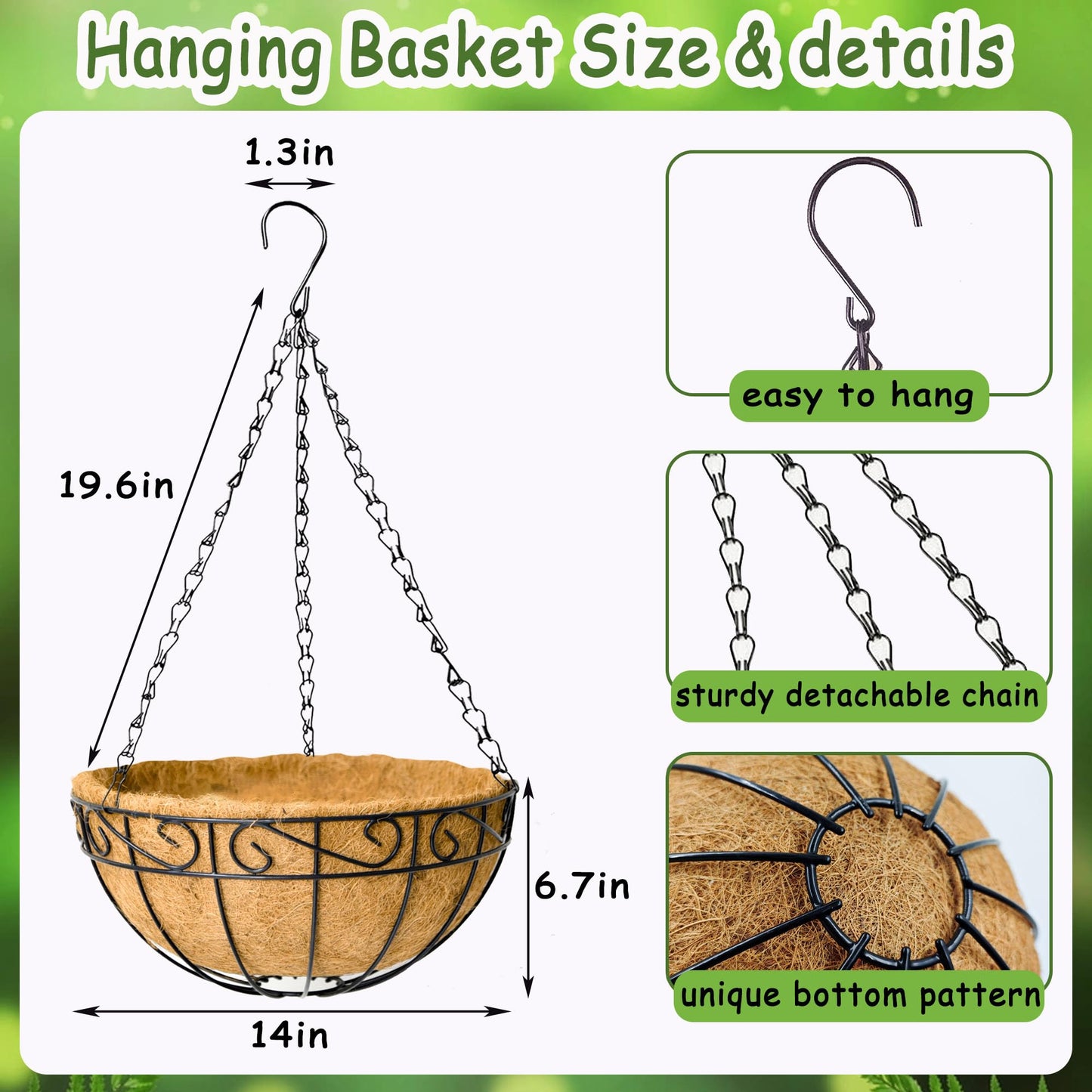 SMYAXUNW 14 Inch Hanging Planters (4 Pack) - Round Metal Baskets with Cocoa Liners for Indoor/Outdoor Gardens, Porch & Patio Decor（HB）