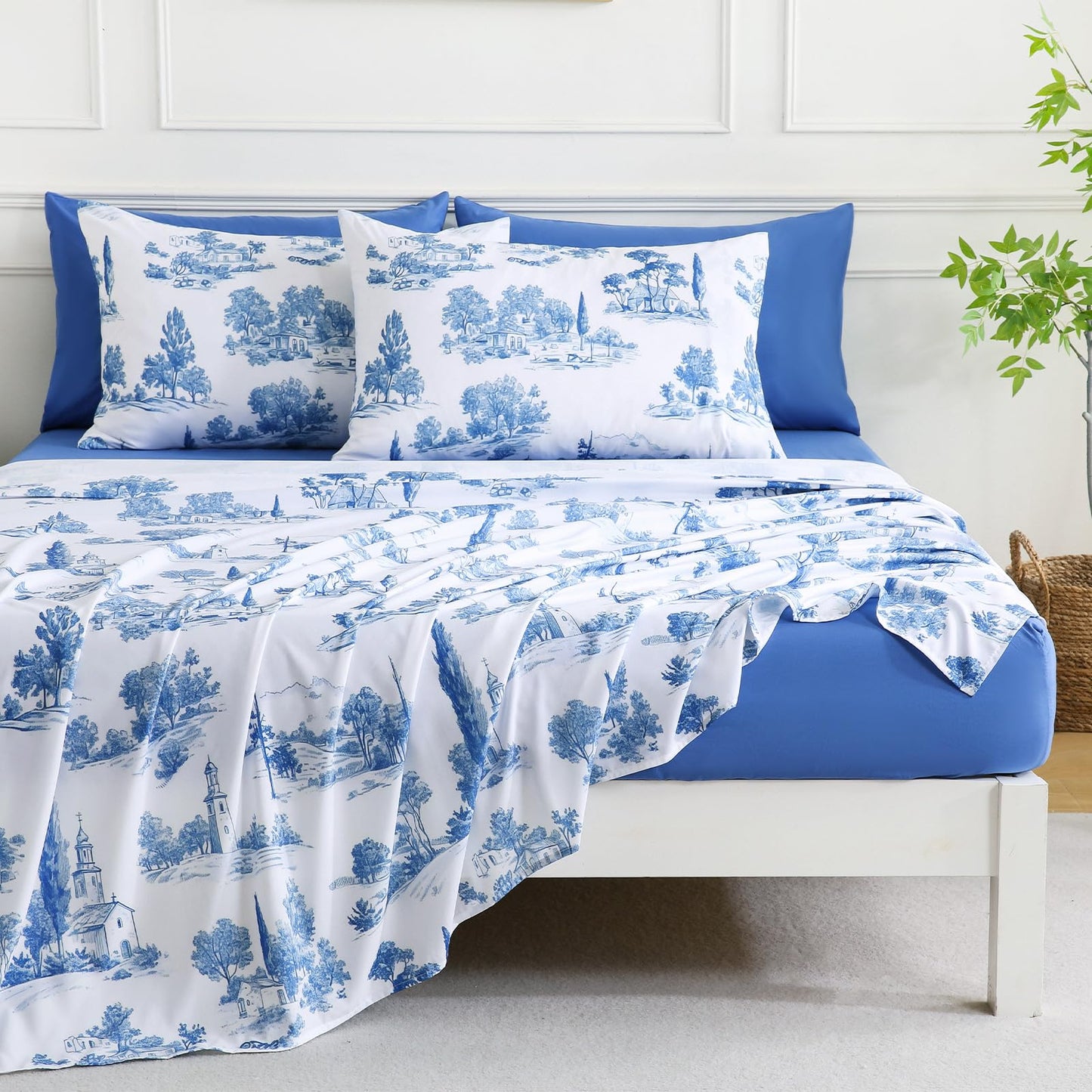 Botanical 6-Piece King Size Sheets Set, Boho Floral Print Brushed Microfiber Sheets, Cooling Bed Sheet Set, Ultra Soft & Breathable, 16' Deep Pocket Fitted Sheet & Pillowcase Set, Blue Floral