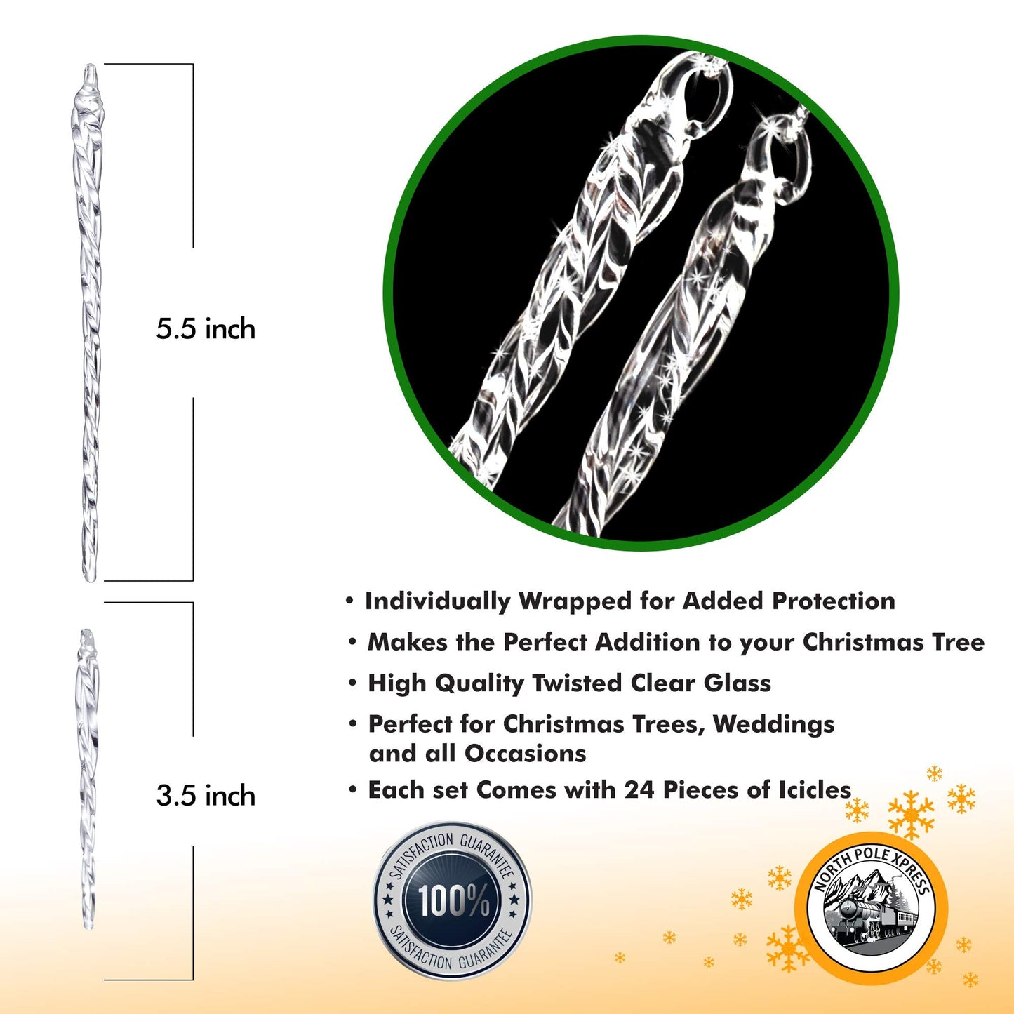 Twisted Clear Glass Icicle Christmas Ornaments for Christmas Trees - Set of 24 Icicles Christmas Tree Decorations - Christmas Tree Ornaments Crystal