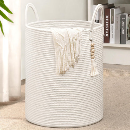 Goodpick White Laundry Basket with Handles, Tall Woven Laundry Hamper for Clothes, Towels, Pillows, Toys, Decorative Blanket Basket for Living Room, Bedroom, Playroom, 16 x 20 inches