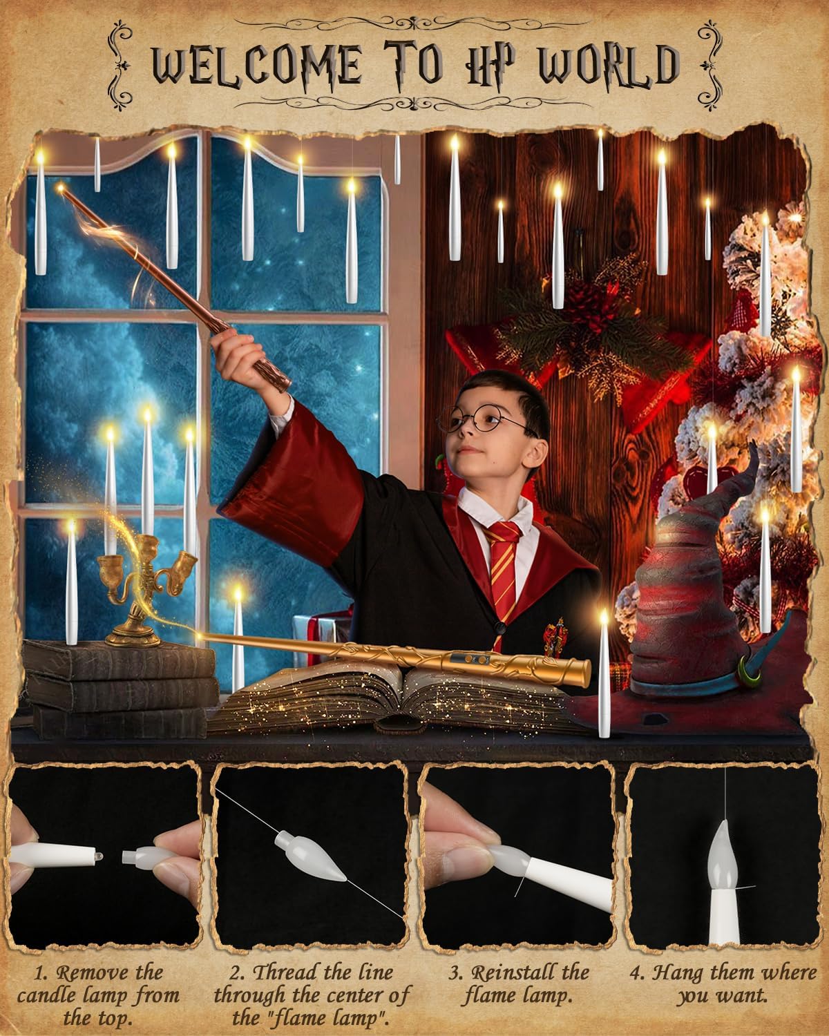 TLPUHU Floating Candles with Wand - 18 Pcs Christmas Decorations Magic Flameless Candles Flickering Warm Light Battery Operated LED Hanging Candles for Christmas Window Bedroom Birthday Party Decor