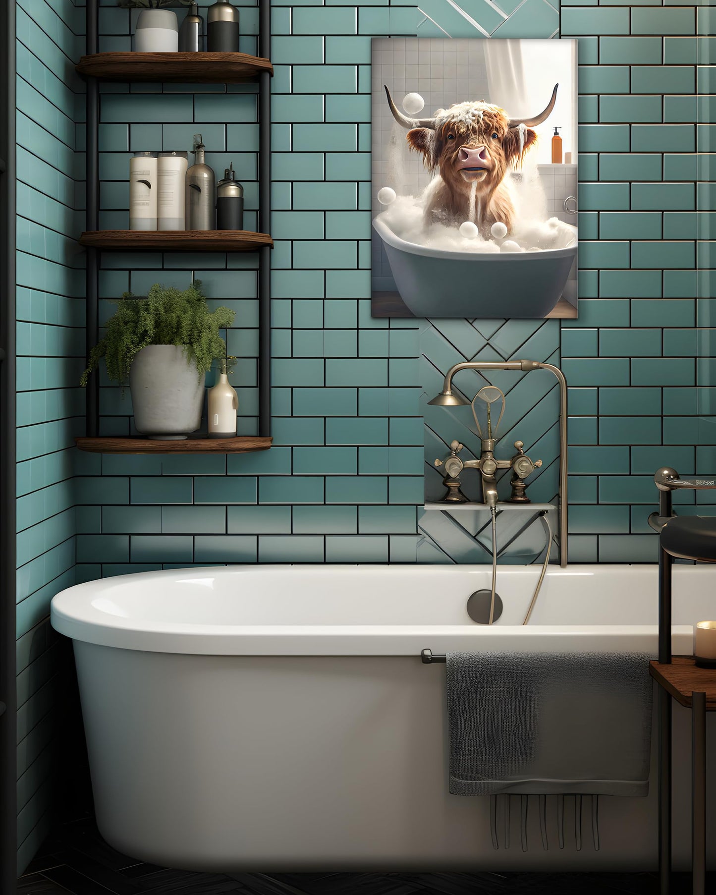 UPWOIGH Funny Bathroom Wall Art Decor,Highland Cow Wall Art, Waterproof Wood Framed Canvas Wall Art Bathing Animals Humor Abstract Prints, 12x16in High-end Pictures for Bedroom Kids Room 1 Pack