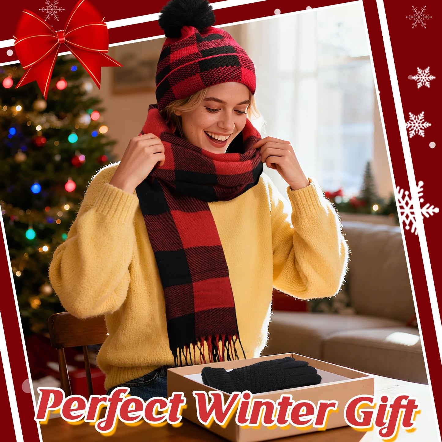 Cosweet Scarf and Gloves Set - Winter Knitted Warm Set, Plaid Scarf Winter Gloves Knitted Hat with Pompom Flurry Ball for Women Men Outdoor Sports Running Skiing Cycling Yoga Christmas Gift