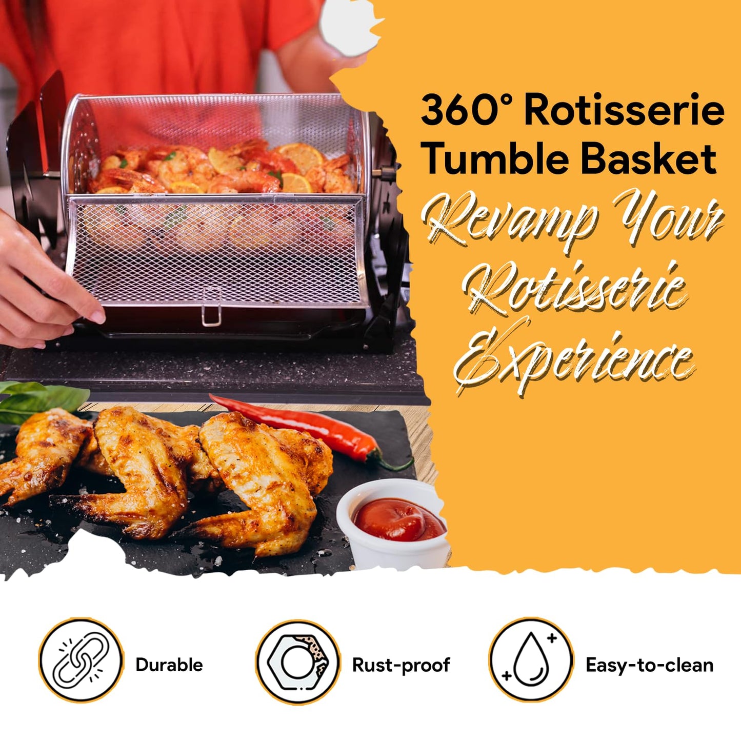 ROTO-Q 360 Cordless Rotisserie Kit w/Tumble Basket - Stainless Steel, Non-Electric - For Grills, Ovens, Smokers - Gas/Charcoal BBQ, Kamado Joe, Green Egg, Kettle - Indoor/Outdoor Use (Black)