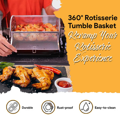 ROTO-Q 360 Cordless Rotisserie Kit w/Tumble Basket - Stainless Steel, Non-Electric - For Grills, Ovens, Smokers - Gas/Charcoal BBQ, Kamado Joe, Green Egg, Kettle - Indoor/Outdoor Use (Black)