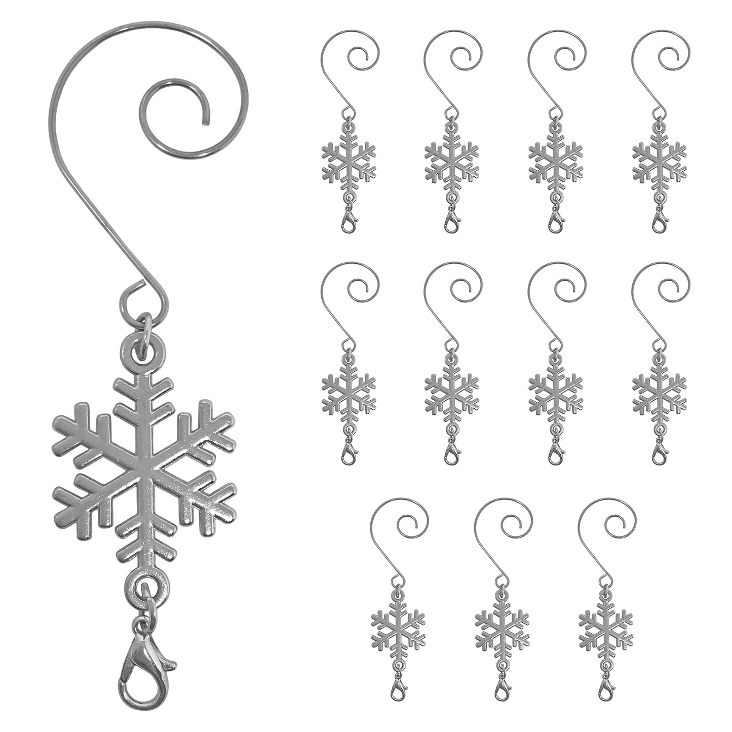Snowflake Christmas Ornament Hooks Set of 12, Shiny Silver Christmas Tree Hangers with S-Hook and Lobster Claw, 3.5 Inch Metal Snowflake Accessories for Xmas Tree Decor, Crafts, Holiday Displays