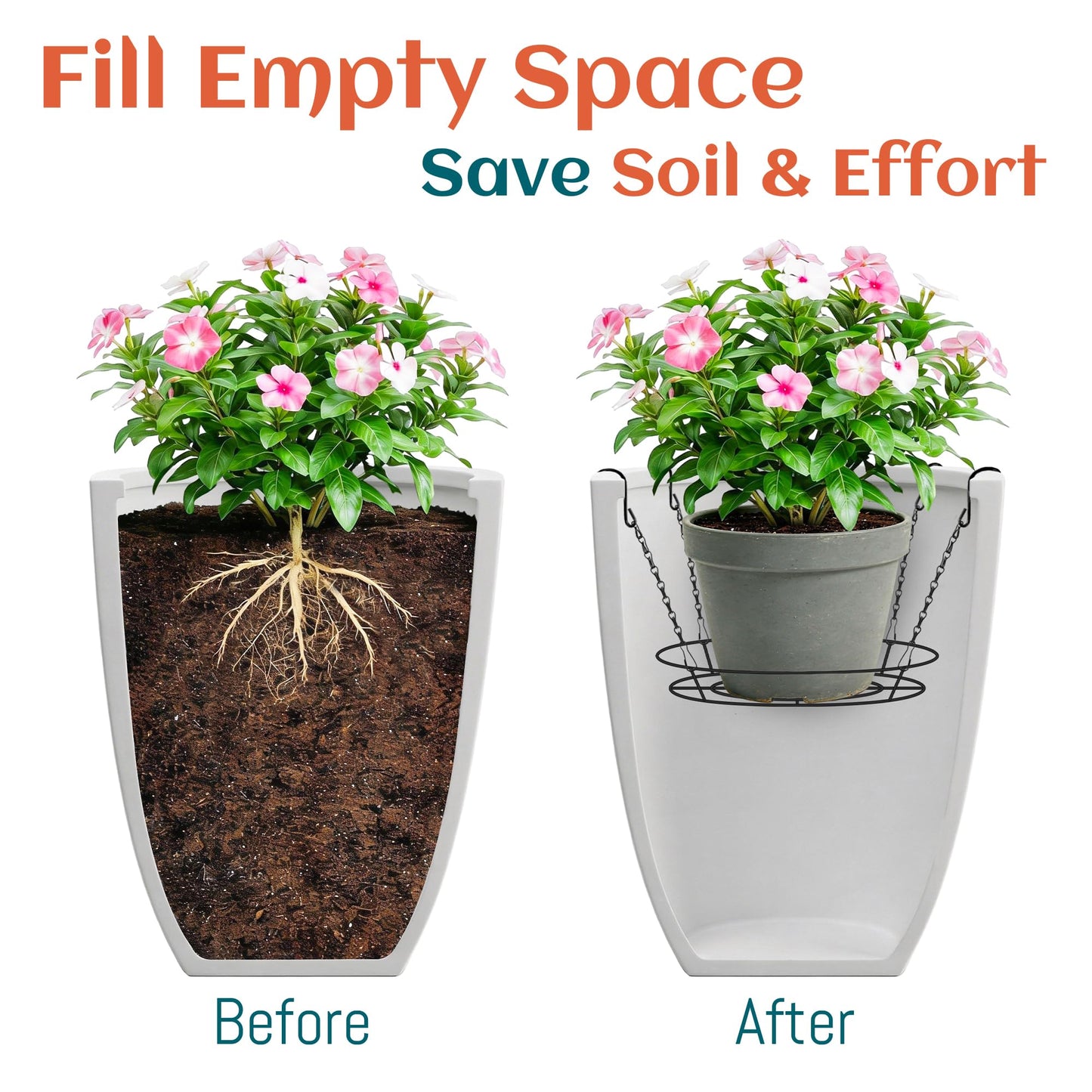 Adjustable Planter Inserts for Large Pots, 12-18" Plant Risers for Inside Pots, Black Stainless Steel Planter Insert with 4Hooks, Chain Pot Fillers for Tall Round Planters to Reduce Soil (1, black)