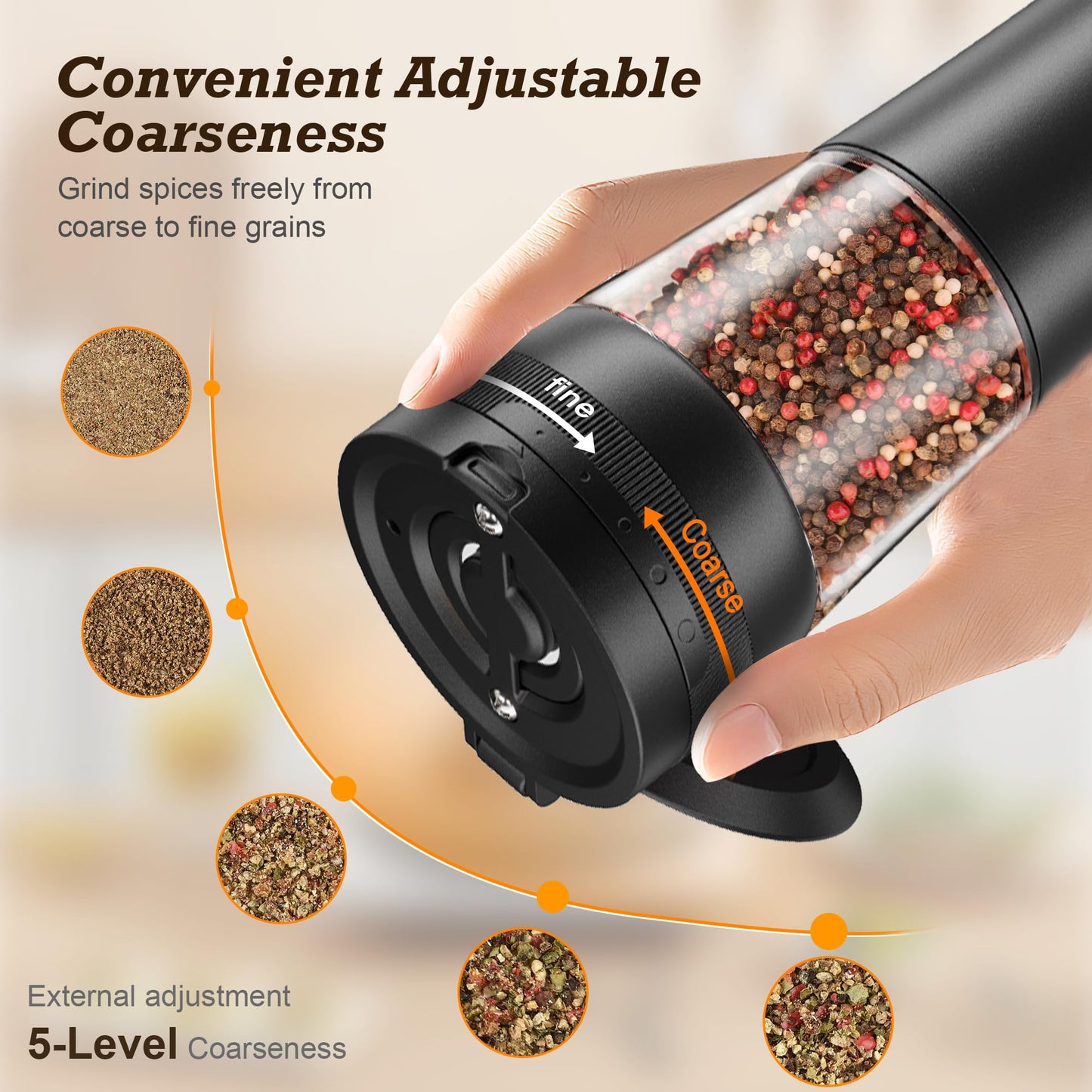 Electric Salt and Pepper Grinder Set, Automatic Refillable Salt and Pepper Shakers 2-Speed Setting with LED Light and 5 Adjustable Coarseness,Practical and Convenient Kitchen Gadgets（Black）