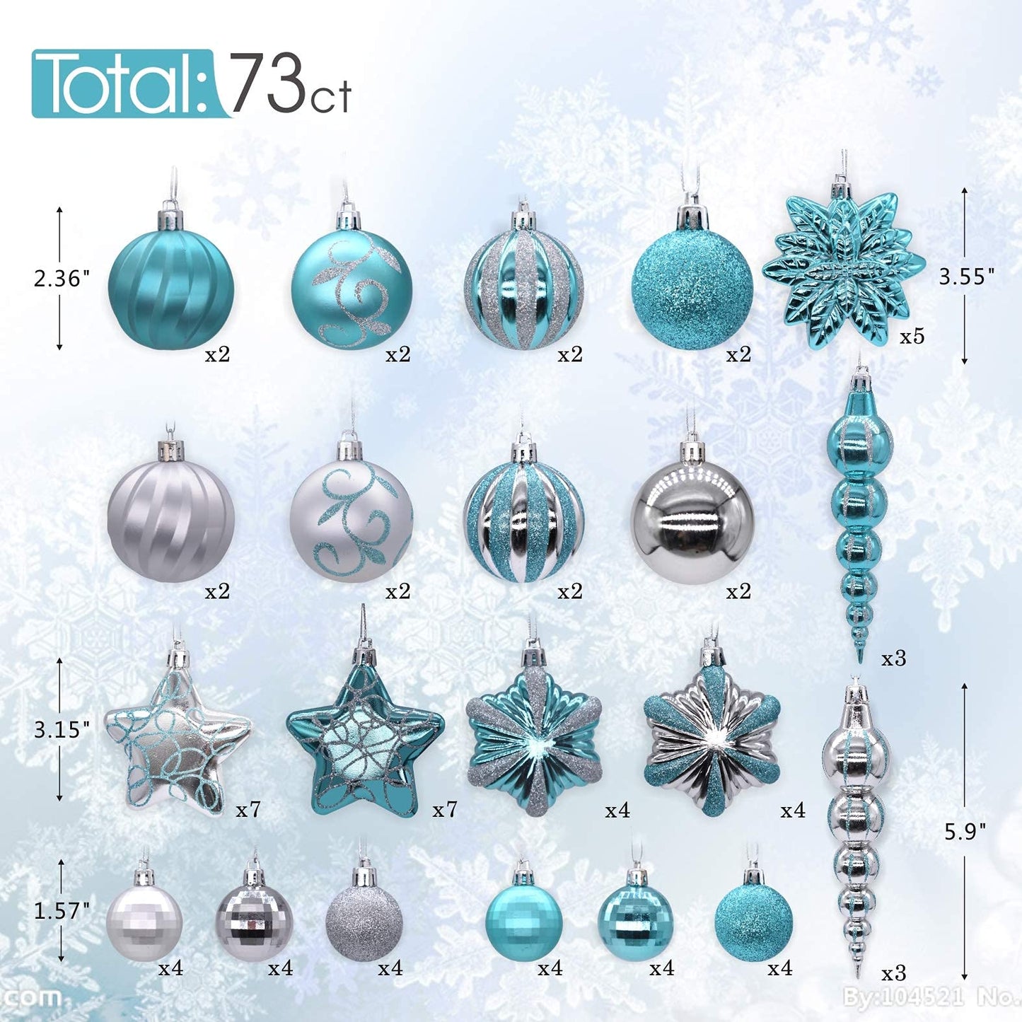 AUXO-FUN 73ct Assorted shatterproof Christmas Ornaments Luxury Collection Set in Reusable Hand-held Gift Package for Christmas Tree Decoration (Turquoise & Silver)