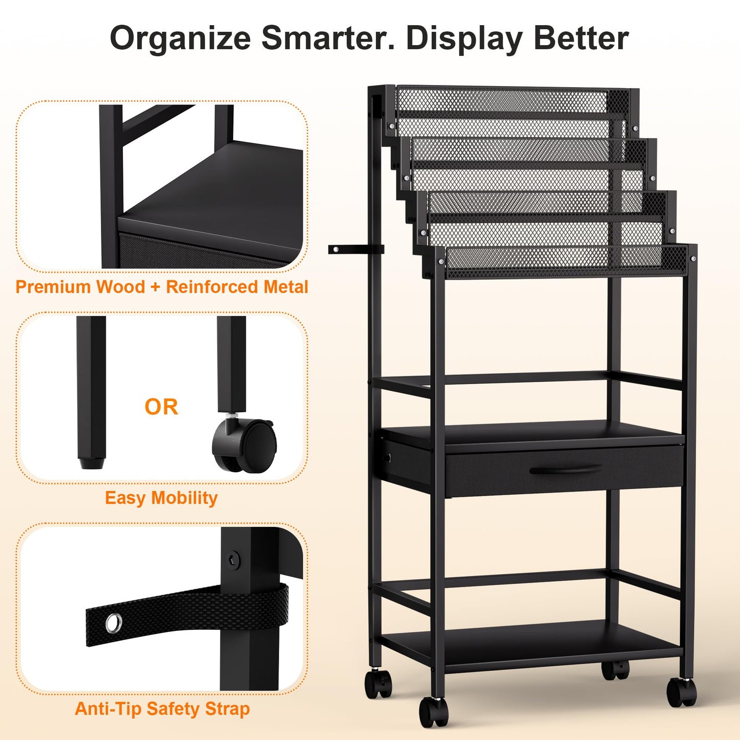4-Tier Men's Cologne & Accessory Organizer with Drawer & Wheels, Sleek Industrial Wooden & Metal Perfume Display Rack for Cologne Bottles, Aftershave & Grooming Essentials, Multi-Functional Fragrance Storage Stand, Black