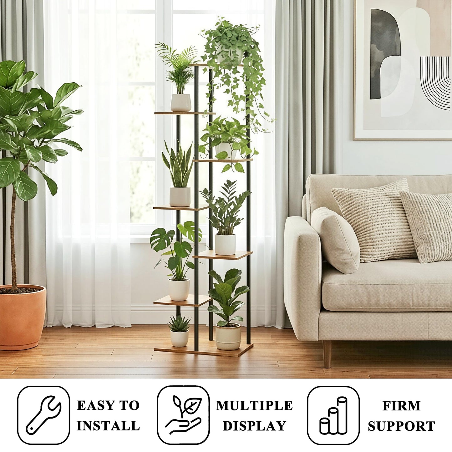 JEPRECO Plant Stand Indoor 7 Tier 8 Potted Metal Wood Plant Shelf, Multiple Flower Pots Corner Tall Plant Holder Stands for Living Room Balcony Bedroom, Rustic Brown