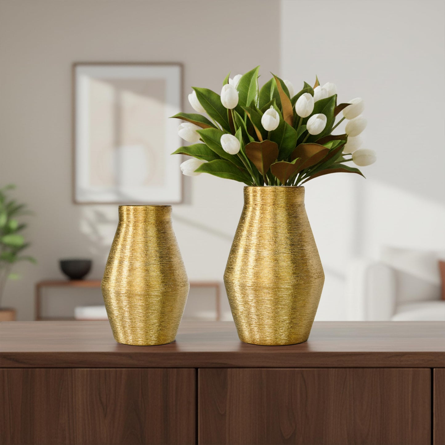 Wancetang Gold Ceramic Vase, 10 Inch Modern Pottery Vases for Centerpieces, Decorative Textured Flower Vase for Living Room, Easter Table, Dining Table, Fireplace Mantel Decor