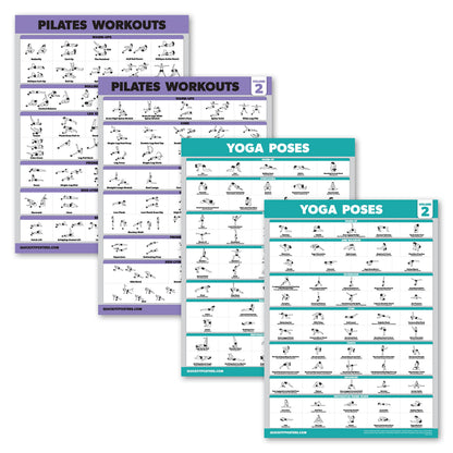 4 Pack - Pilates Workout Volume 1 & 2 + Yoga Poses Volume 1 & 2 - Exercise Poster Set (18 x 24, LAMINATED)