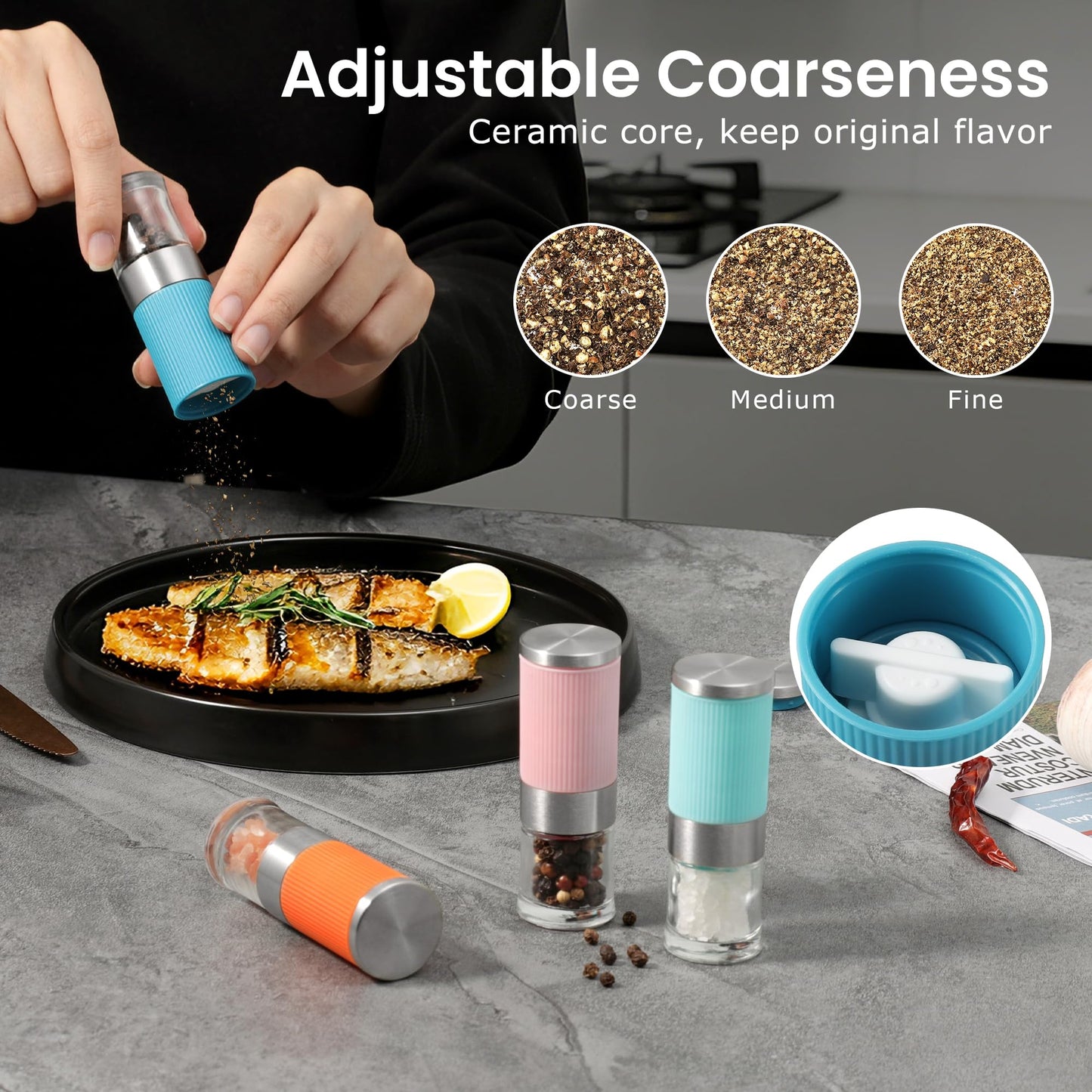 VEVOK CHEF Small Salt and Pepper Grinder 4Pcs Portable Mini Glass Salt Spices Grinder Ceramic Salt Black Pepper Shakers Tiny Pepper Mill Salt Grinder for Travel Lunch Box Kitchen Gift