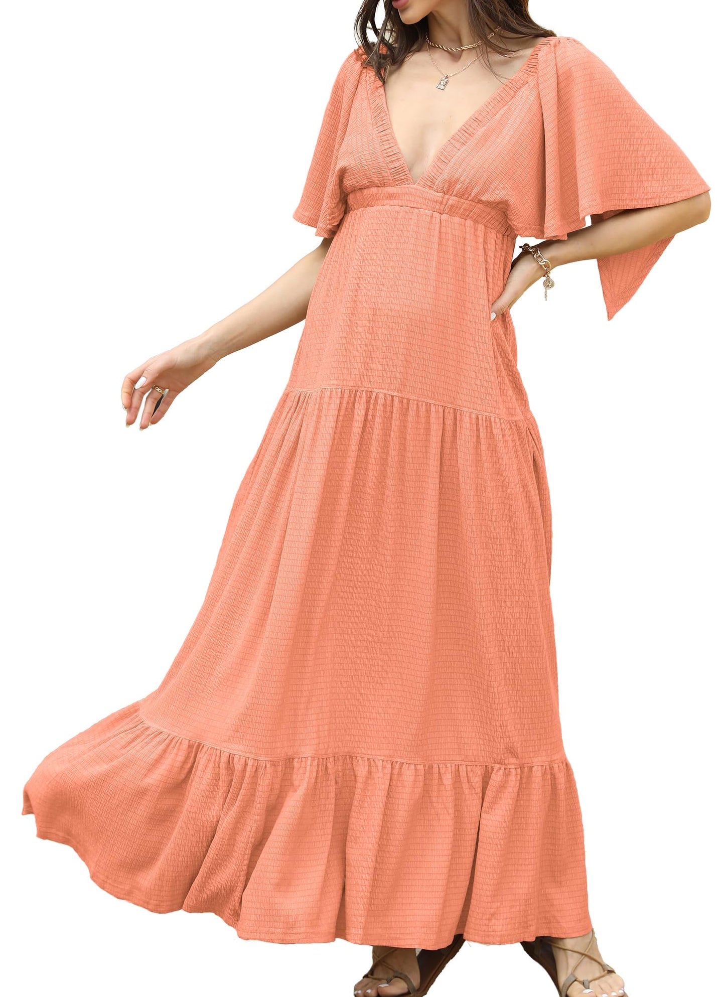Kikibell Women Summer Dresses Sexy V-Neck Maxi Dress Tiered Silhouette with Flutter Sleeve Backless Elastic Waist Flowy Dress