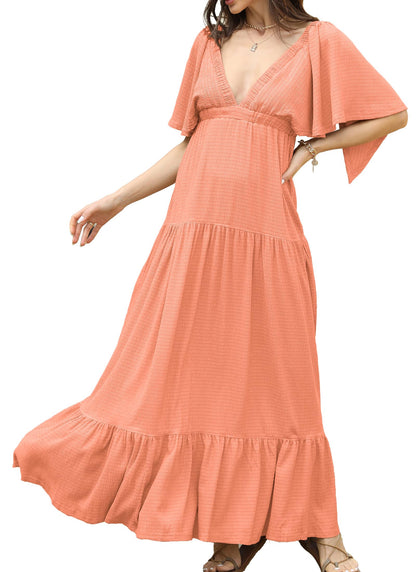 Kikibell Women Summer Dresses Sexy V-Neck Maxi Dress Tiered Silhouette with Flutter Sleeve Backless Elastic Waist Flowy Dress