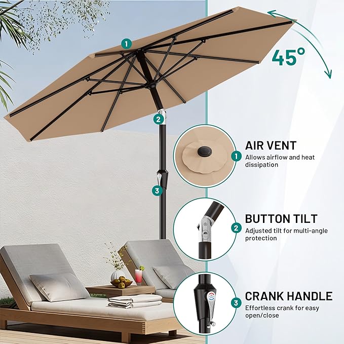 AreShark 9 FT Patio Umbrella for Outdoor, Outdoor Umbrella with Push Button Tilt and Crank, Outdoor Patio Umbrellas with 8 Sturdy Ribs for Market, Garden, Deck, Backyard, Pool (Beige)