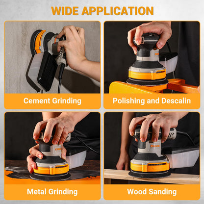 DEKOPRO Random Orbit Sander 300W with 16Pcs Sandpapers, 6 Variable Speed 14000RPM, 125MM Hand Electric Tool, High Performance Dust Collection System, Fit for Woodworking/Sanding