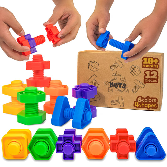 Skoolzy 12 Pc Jumbo Nuts and Bolts - Montessori Set for 18 Month+ Kids – Travel & Motor Skills Development