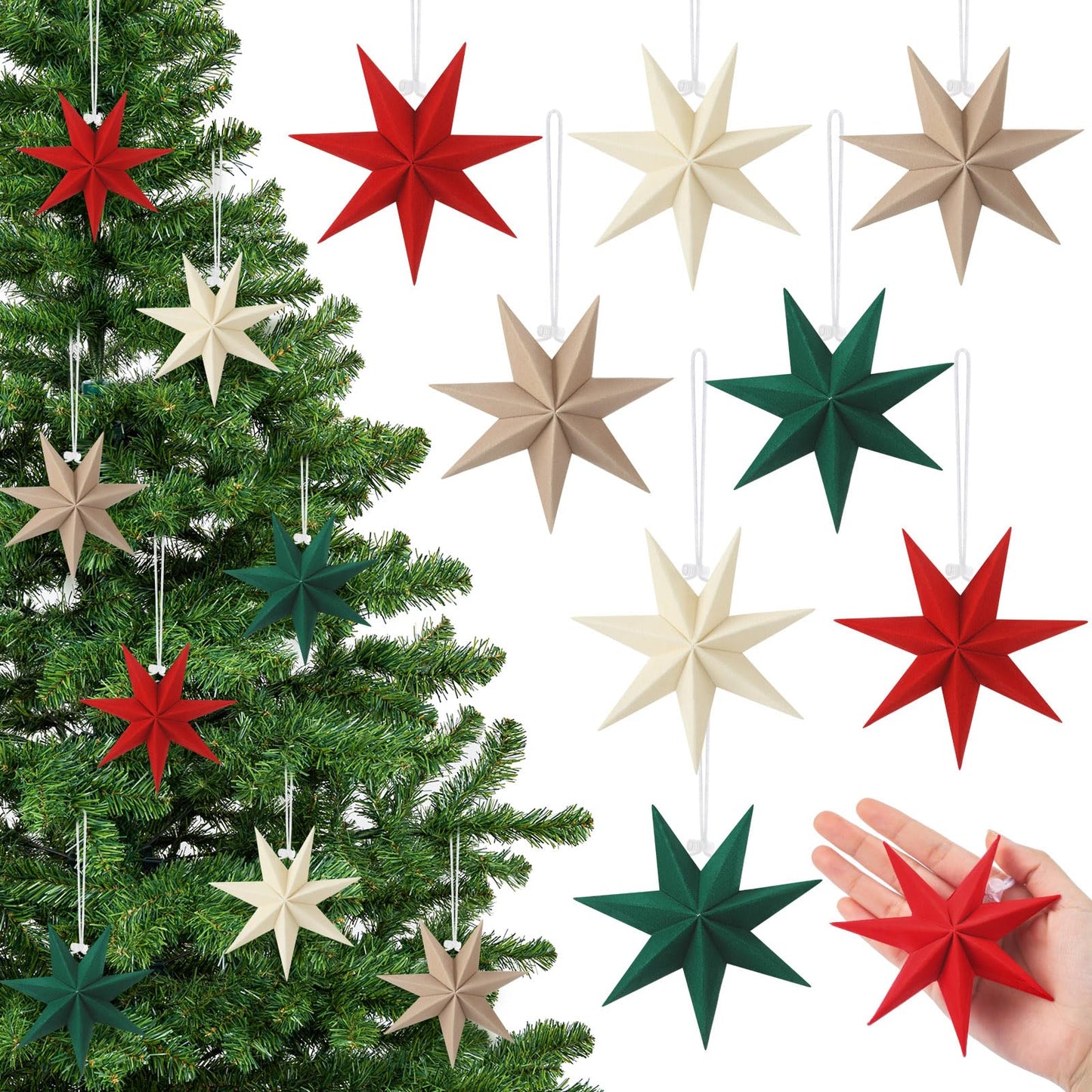 VIHOSE 12 Pcs Velvet Christmas Paper Star Ornaments 4 Inch Neutral Flocked Christmas Hanging Paper Ornament 7 Pointed Xmas Decorations for Xmas Tree Party Indoor Home Door Window
