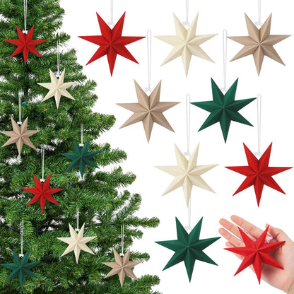 VIHOSE 12 Pcs Velvet Christmas Paper Star Ornaments 4 Inch Neutral Flocked Christmas Hanging Paper Ornament 7 Pointed Xmas Decorations for Xmas Tree Party Indoor Home Door Window