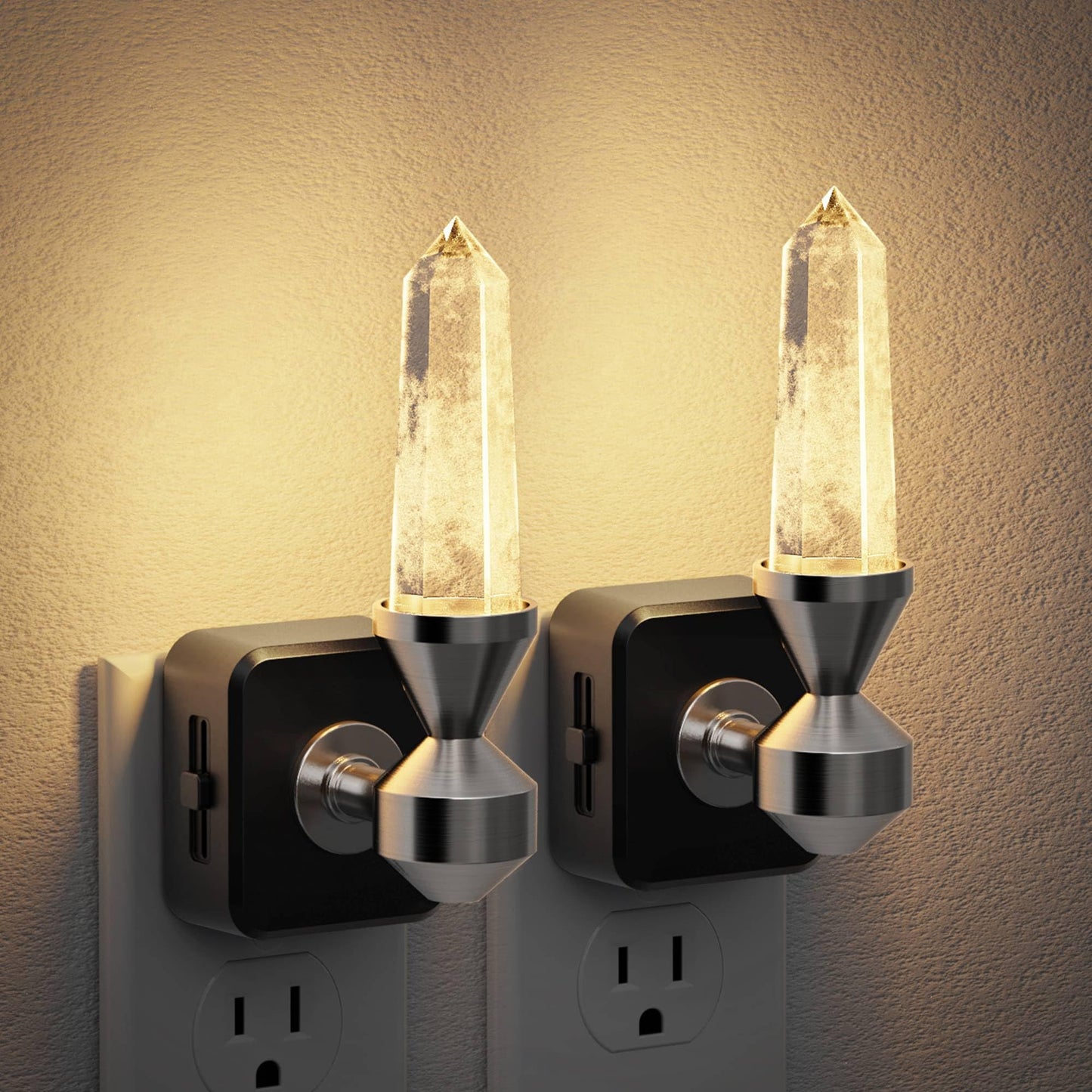 JandCase Healing Crystals LED Night Light Plug into Wall, 2 Pack Dimmable Night Lights witih Clear Quartz Tower, Dusk to Dawn Sensor Nightlights for Meditation Living Room Bedroom Home Decor