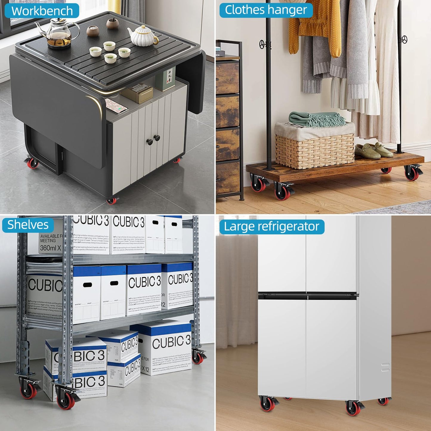 Casters Set of 4 Heavy Duty 5 Inch Caster Wheels with Brake 3000Lbs Capacity Silent Swivel TPR Rubber Wheel Locking Industrial Plate Castors Perfect for Carts, Furniture and Workbenches