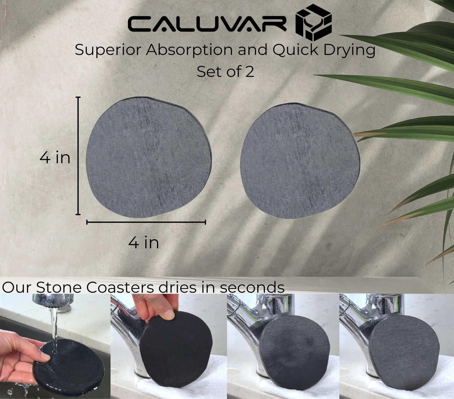 Stone Coasters Slate Set of 2, Stone Drying Mat for Kitchen Counter, Absorbent Diatomaceous Earth Coasters for Drinks, Diatomite Small Plant Coaster, Housewarming Gift, Coffee Table Decor