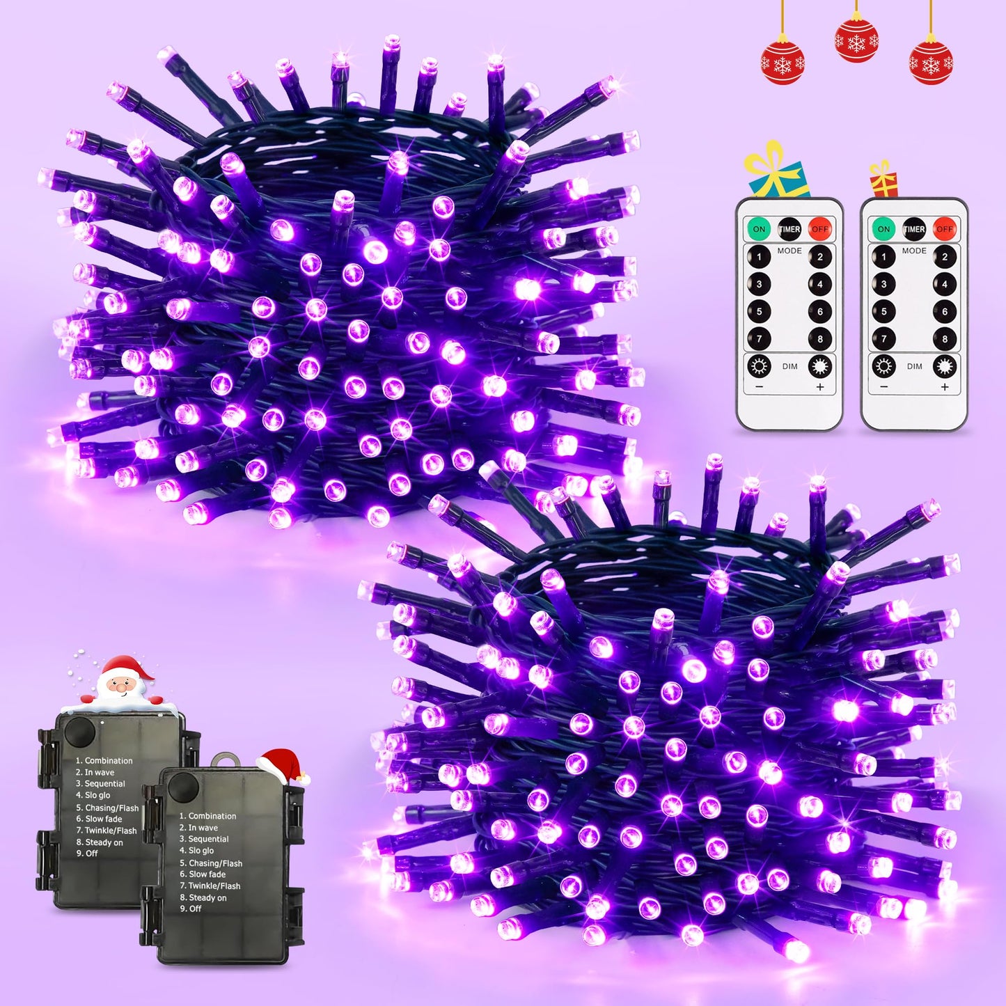 JMEXSUSS Purple Christmas Lights Battery Operated, 2 Pack 100 LED Outdoor Purple String Lights Waterproof, Each 33 FT Christmas Tree Light Indoor for Halloween Decorations Party Porch Garden Decor