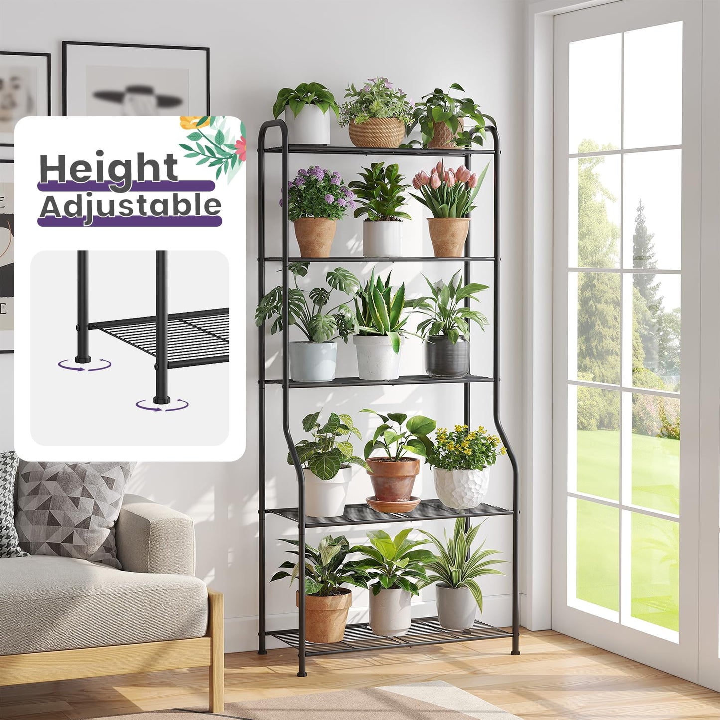 Wieghda 5-Tier Corner Plant Stand, Metal Black Flower Pot Rack, Indoor Outdoor Heavy Duty Shelf (Black, 5 Tier)