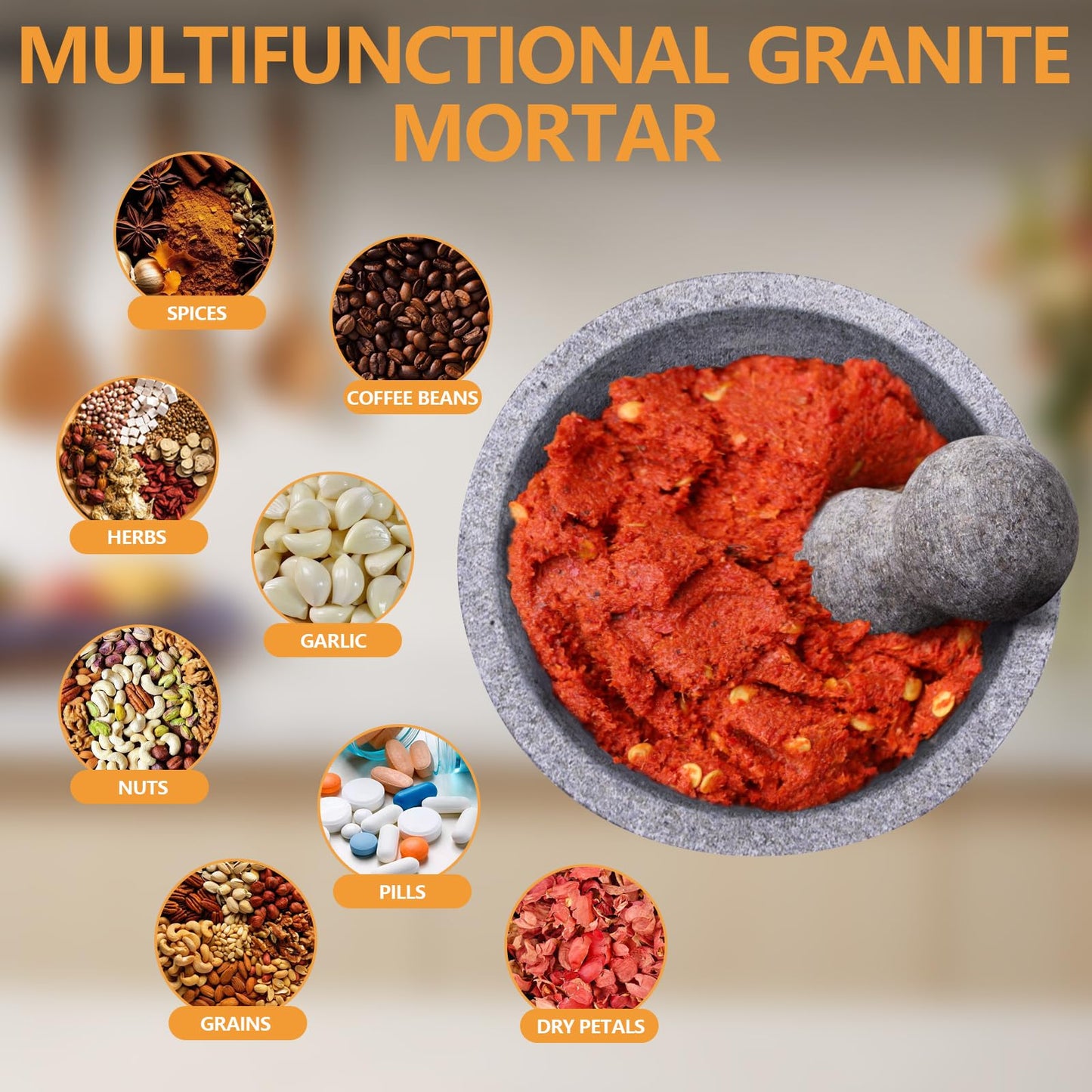 WhiteRhino Mortar and Pestle Set, 4 Cup Natural Unpolished Granite Molcajete Mexicano, 8-in Extra Large Guacamole Bowl, Motar Pestel Stone Grinder for Guacamole, Salsa, Spices, Herbs, Seasonings