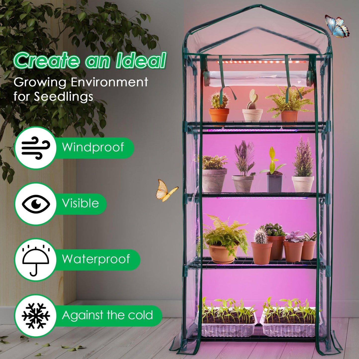 Meonum Indoor Greenhouse with LED Grow Lights, 4 Tier Mini Greenhouse with Roll-Up Zipper PVC Waterproof Cover and Trays, Dimmable Plant Grow Light for Indoor Plant with Timer, 27 L X 19 W X 63 H