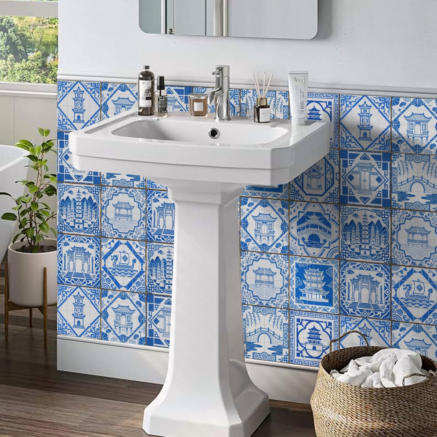 Decorative Blue White Tile Stickers Peel Stick with Chinese Pogada Pattern,Thickened Adhesive backsplash Tiles for Kitchen Furniture RV Vanity Fireplace Decor(5.91 * 5.91 in,12 pcs)