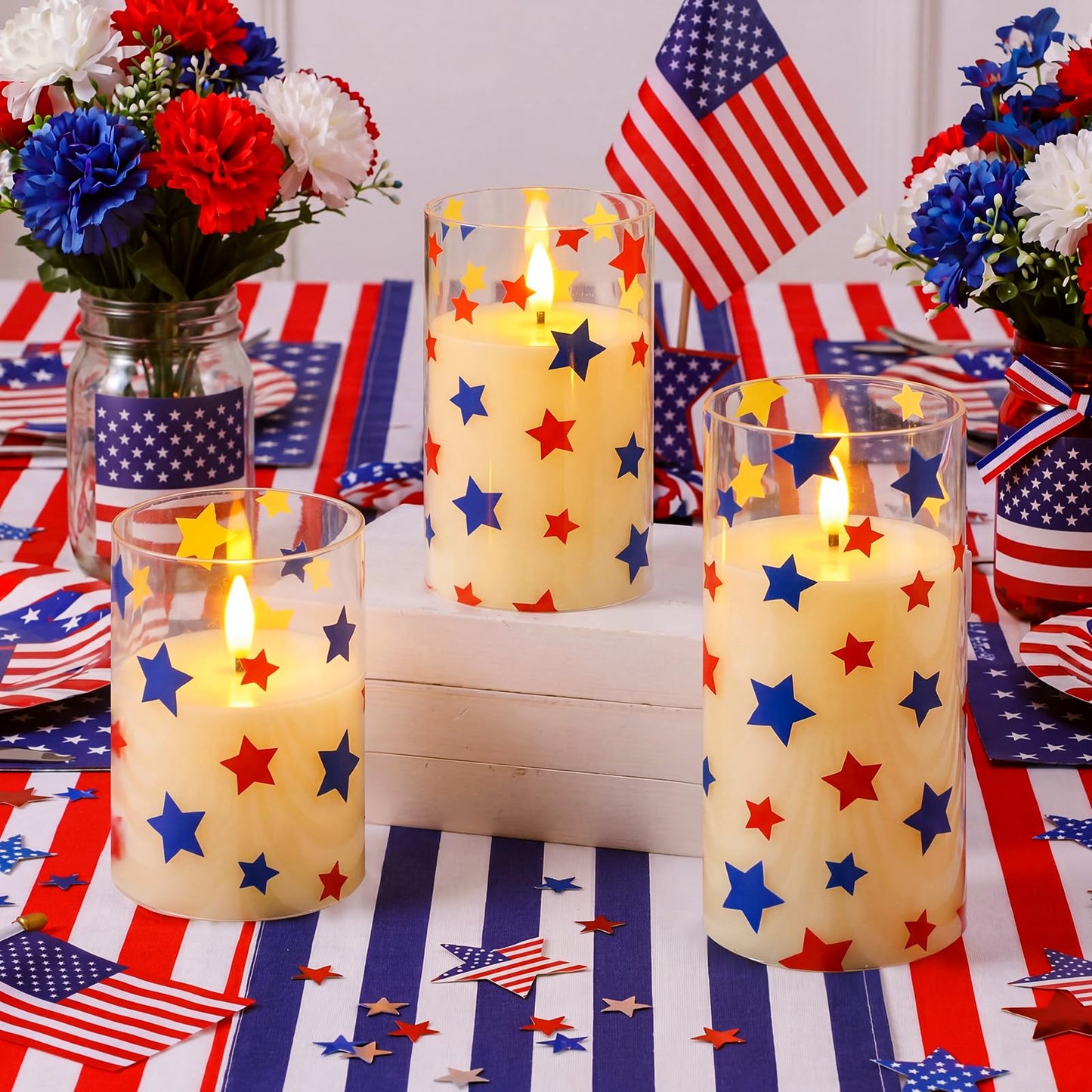 Blosssound 3 Pack 4th of July Flameless Candles Battery Operated Independence Day Stars in Blue Red Flameless Flickering Candles LED for Gifts Home 250th Patriotic Holiday 4th of July Table Decoration