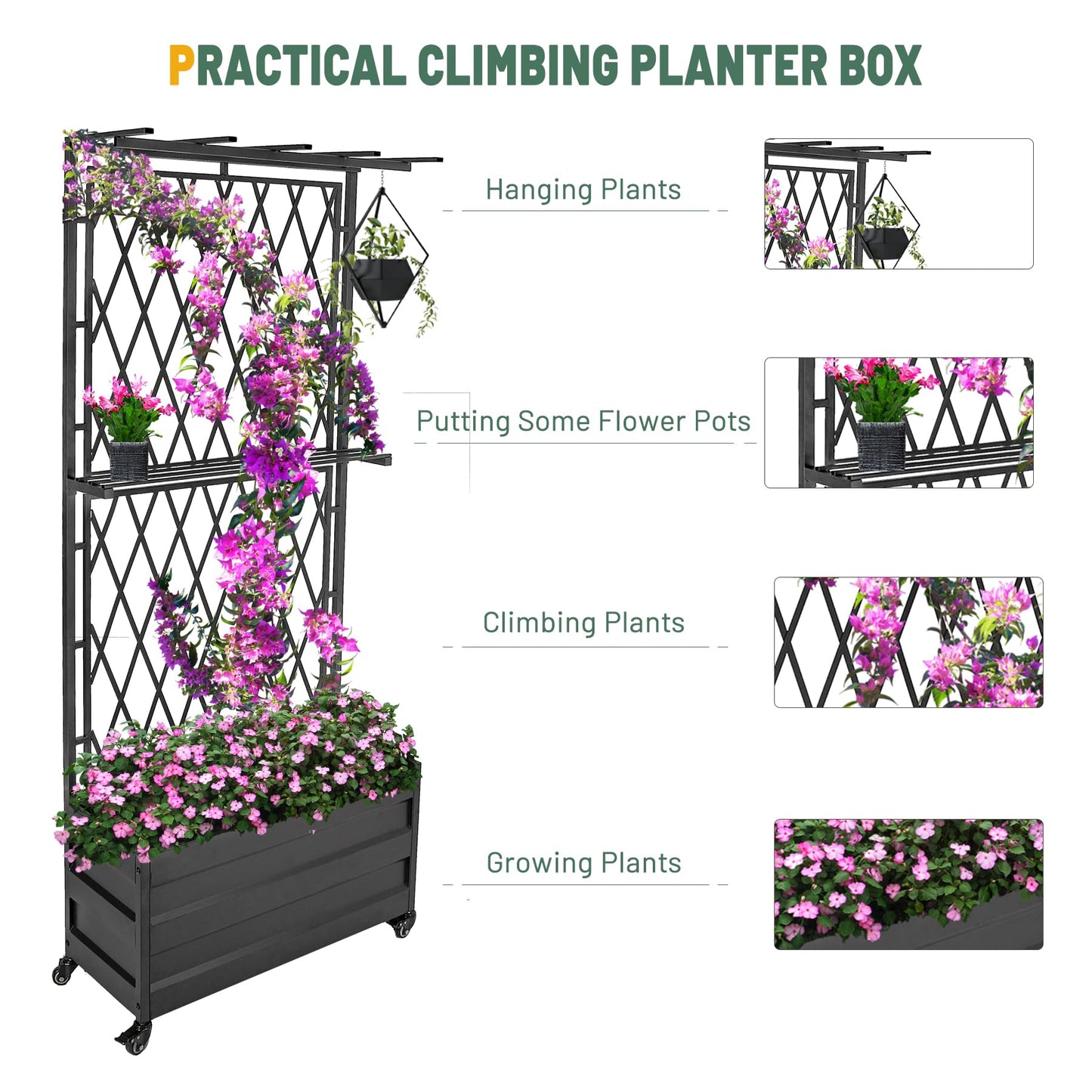 Stonehomy Metal Planter Box with Lattice Trellis and Wheels, 70 inches Tall Heavy Duty Planter Box & Raised Garden Bed with Trellis for Climbing Plants Flowers with Drainage Holes, 30Lx12Wx70H, 2Pack