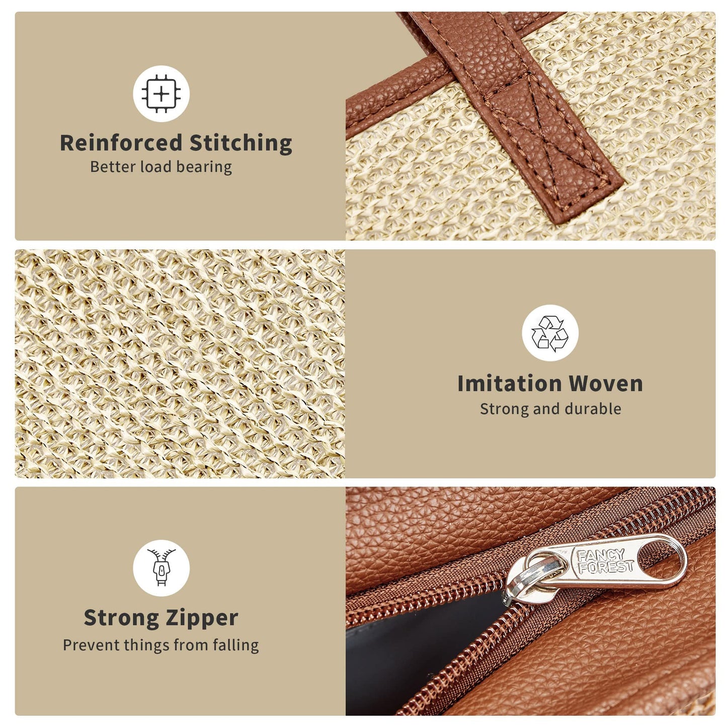 KALIDI Straw Tote Beach Bag Striped Shoulder Handbag Stitch Woven PU Leather Handle Zipper Closure Inner Pocket Travel Shopping Picnic