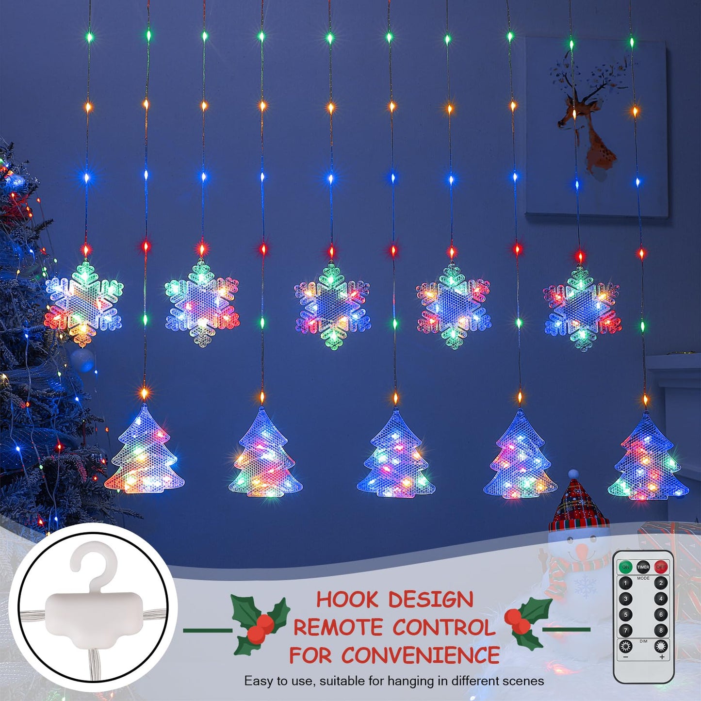 BLOOMWIN Christmas Window Lights Indoor - 2M 160 LED Christmas Window Decorations, Snowflake Curtain Hanging Fairy String Icicle Lights for Xmas Noel Bedroom Holiday Home Outdoor, RGB USB