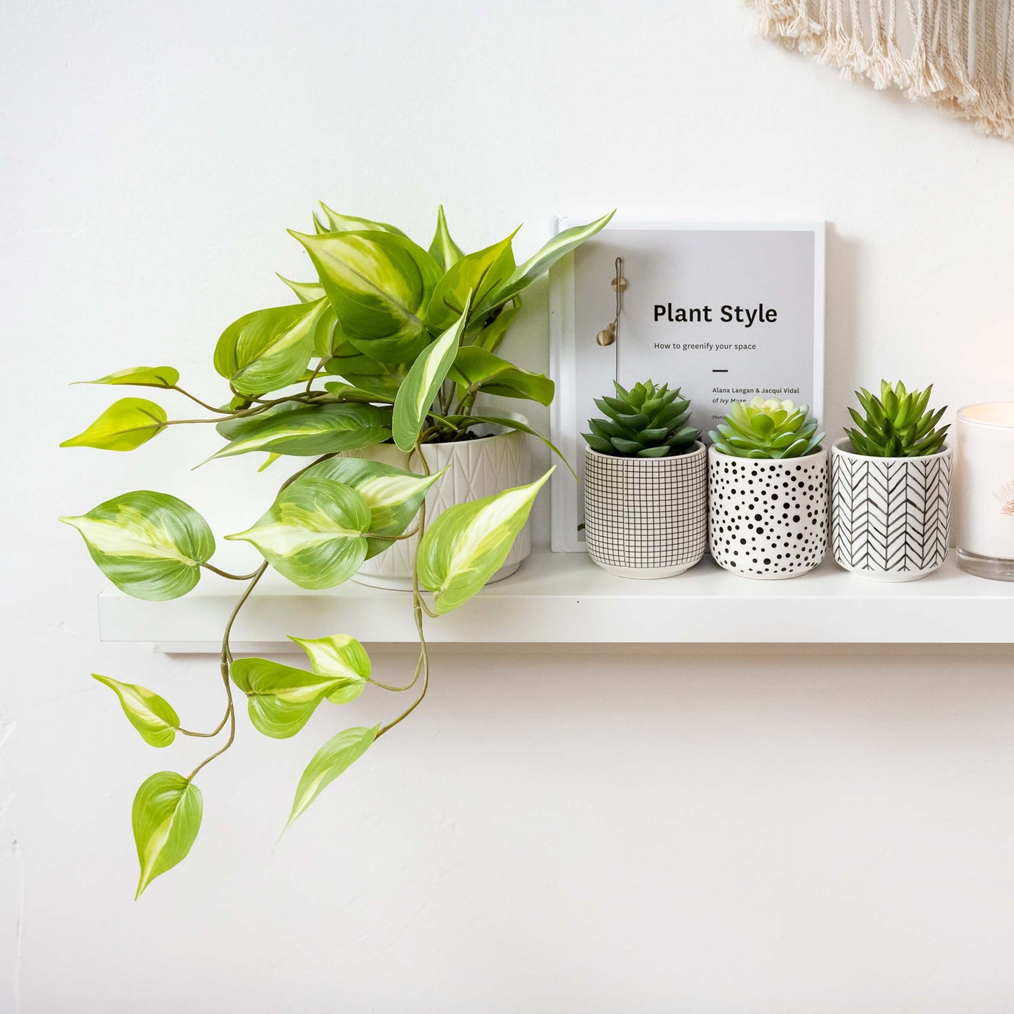 Kurrajong Farmhouse Light Green Fake pothos Plant | Fake Plant for Shelf Decor | Artificial Trailing Ivy Plant with 5" Wide Ceramic Pot | Faux pothos | Feaux Pothos