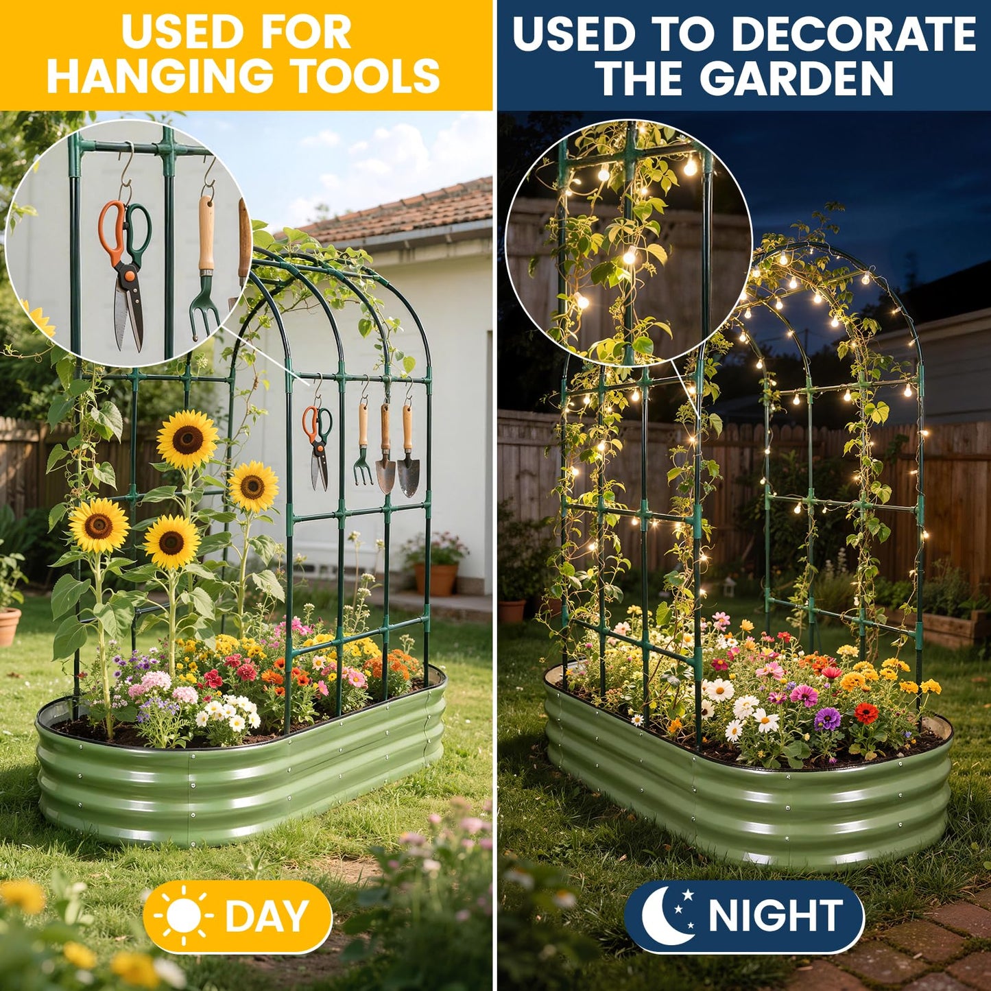 VIREO GARDEN Galvanized Raised Garden Bed with Arched Trellis | 6x3x1FT Metal Raised Garden Beds Outdoor for Gardening Climbing Plant | Planter Box Outdoor with Gloves for Vegetable Flower, OliveGreen