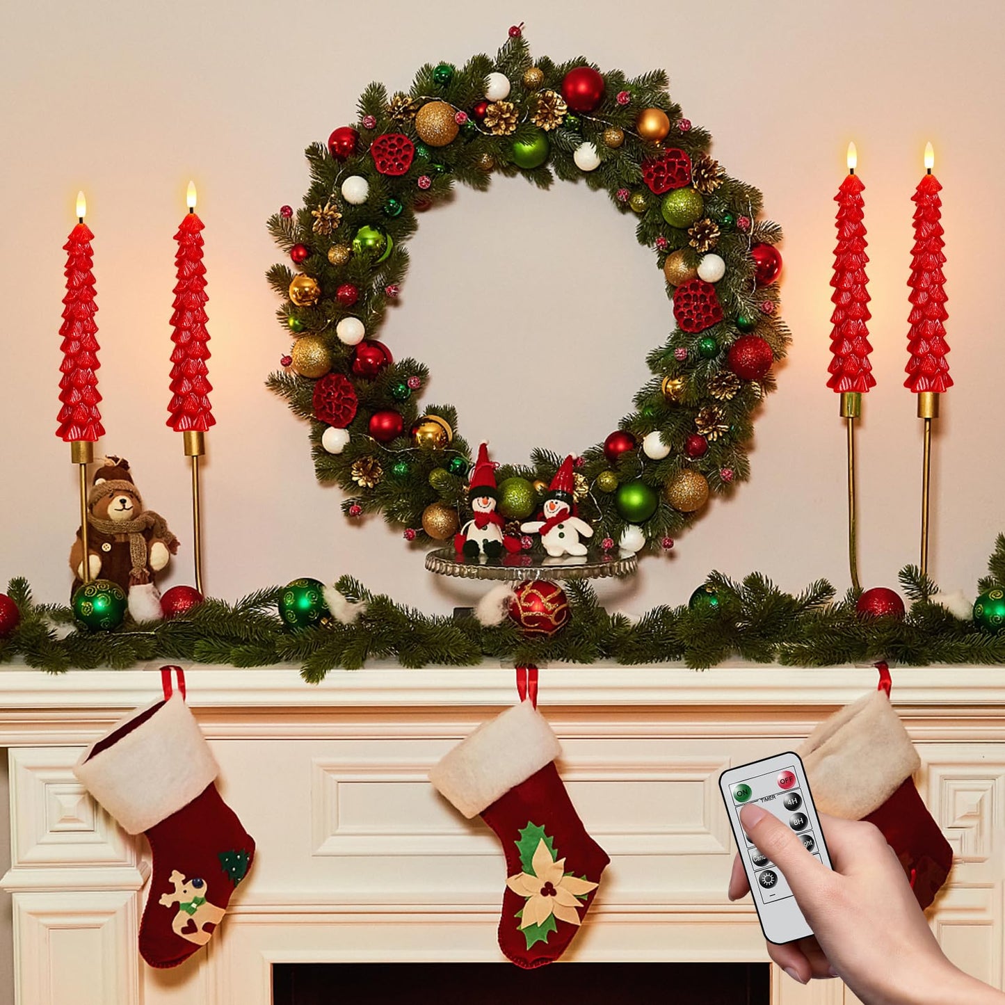 KunSwenn Christmas Tree Candles Battery Operated, Red Waxy Christmas Tree Flameless Taper Candles with Remote Timer, Set of 4 LED Flameless Candlesticks for Xmas Holiday Home Winter Decor(0.78”x9.8”)