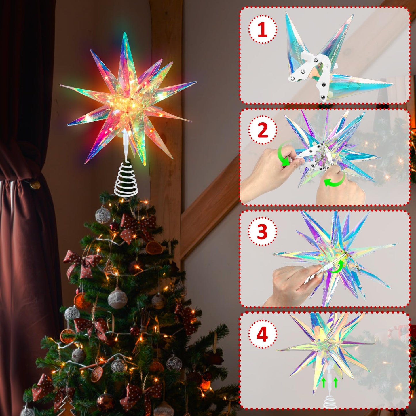 LEDLampsWorld 3D Moravian Star Tree Topper, PET Christmas Star Tree Toppers Powered by USB, App Control LED Smart Christmas Light with Remote for Xmas Tree