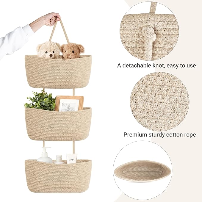 Dahey Over The Door Hanging Basket 3-Tier Woven Boho Wall Mounted Storage
