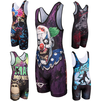 KO Sports Gear Unisex Wrestling Singlet for Youth Wrestlers - Wrestling Singlet for Boys & Girls - Bold Durable Uniform, Stretchy Breathable Material - Zombie Clown, Youth Medium