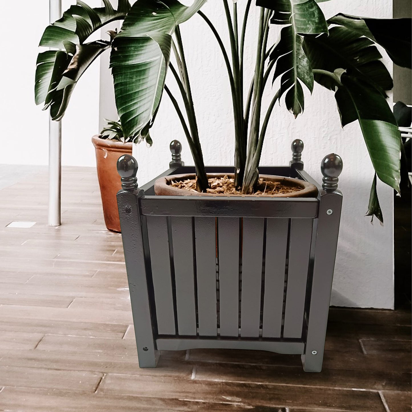 espidoo Square Wooden Planter Box: Solid Wood Outdoor Flower & Herb Pot - Decorative Garden Planter with Slatted Sides for Porch Patio & Deck - Easy Assembly Black Planter Box